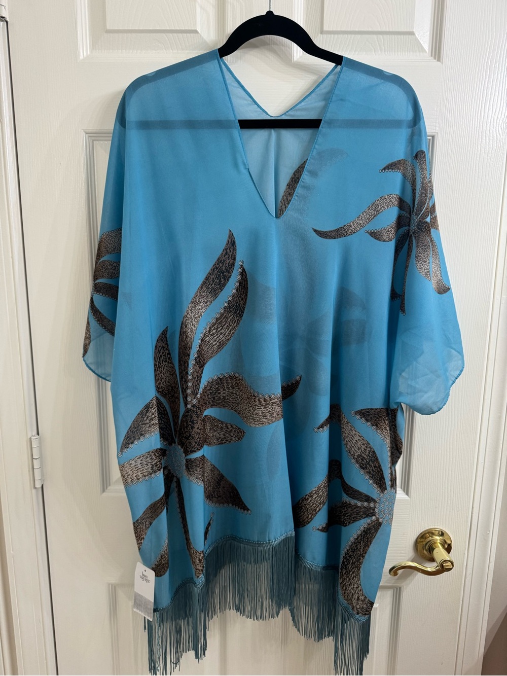 Blue Floral Fringe Swim Cover-Up Kaftan